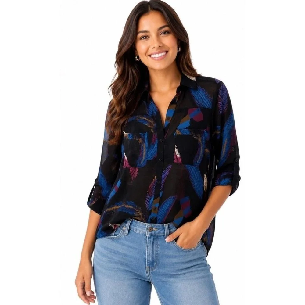 Express Portfofino Sheer Feathers Pockets Roll Sleeve Button Up Blouse Shirt - Picture 1 of 6